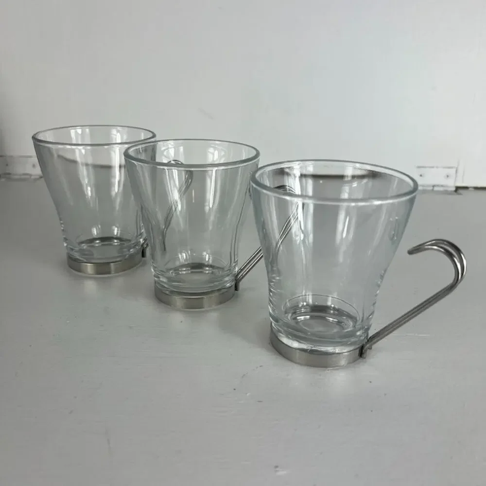 Vintage Bormioli Rocco Vitrosa Cappuccino Cups Wire Handle Tempered Glass Italy